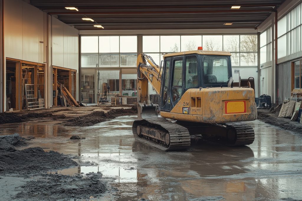 excavator inside an industrial building