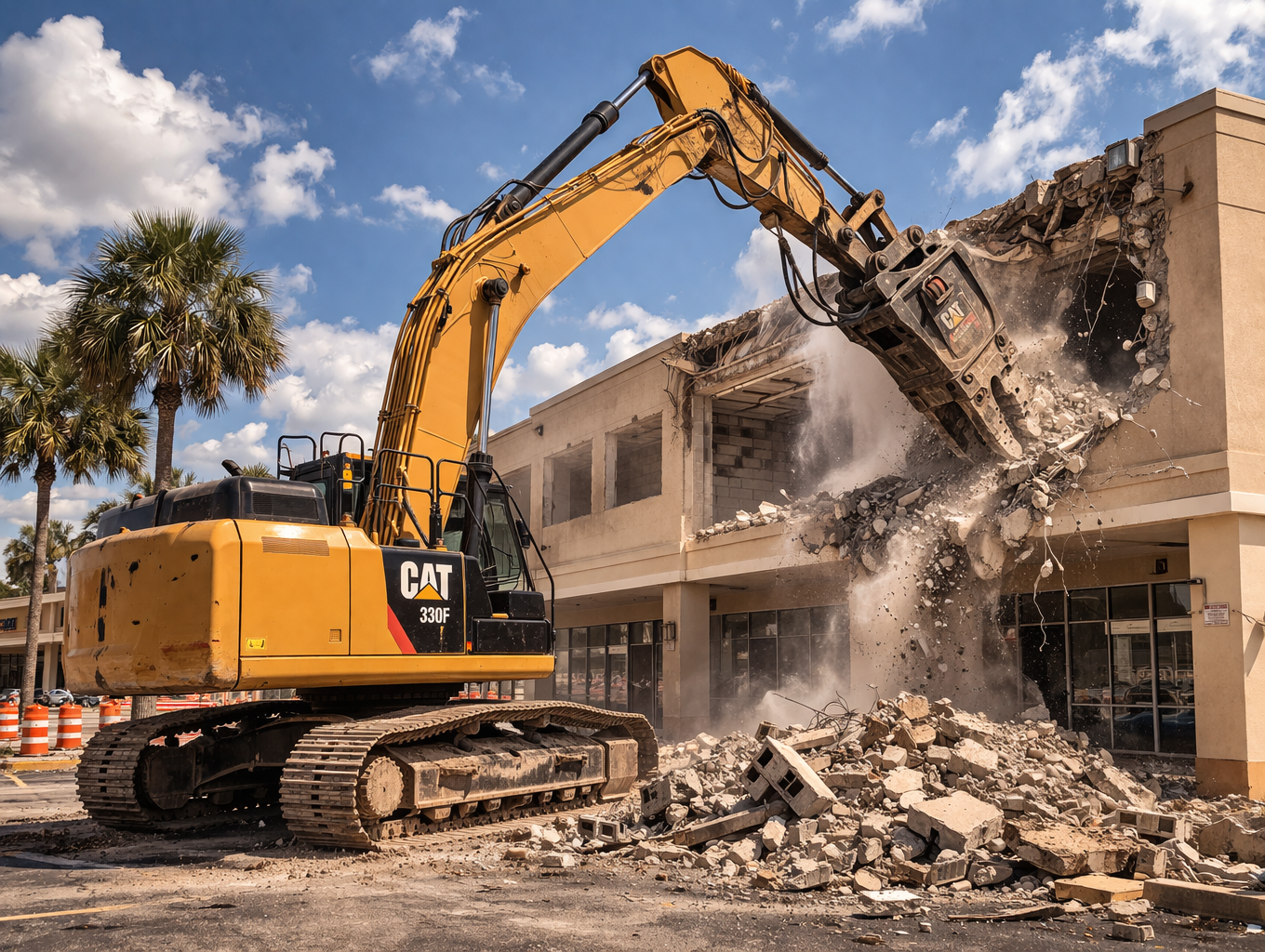 PAW excavator domoliting old shopping plaza building