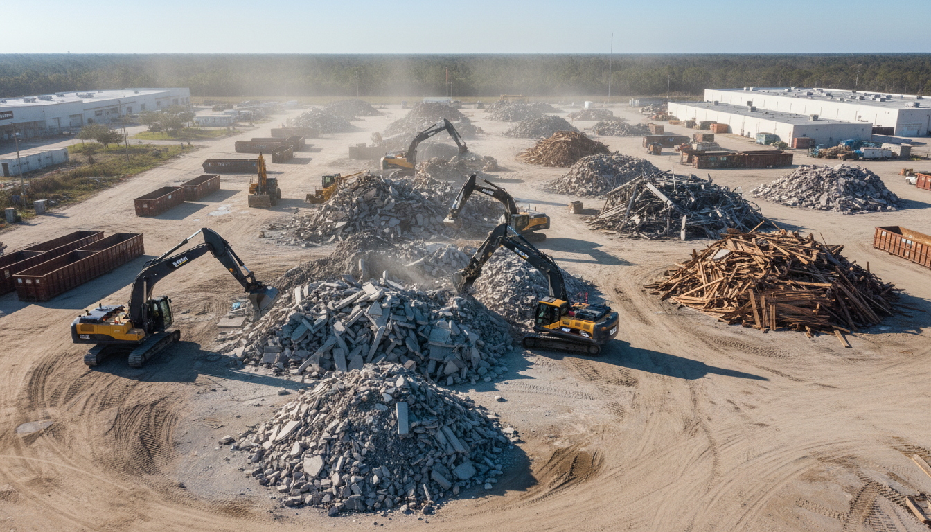 Aerial view of a demolition waste management site in Central Florida with excavators sorting concrete, metal, and wood debris into separate piles