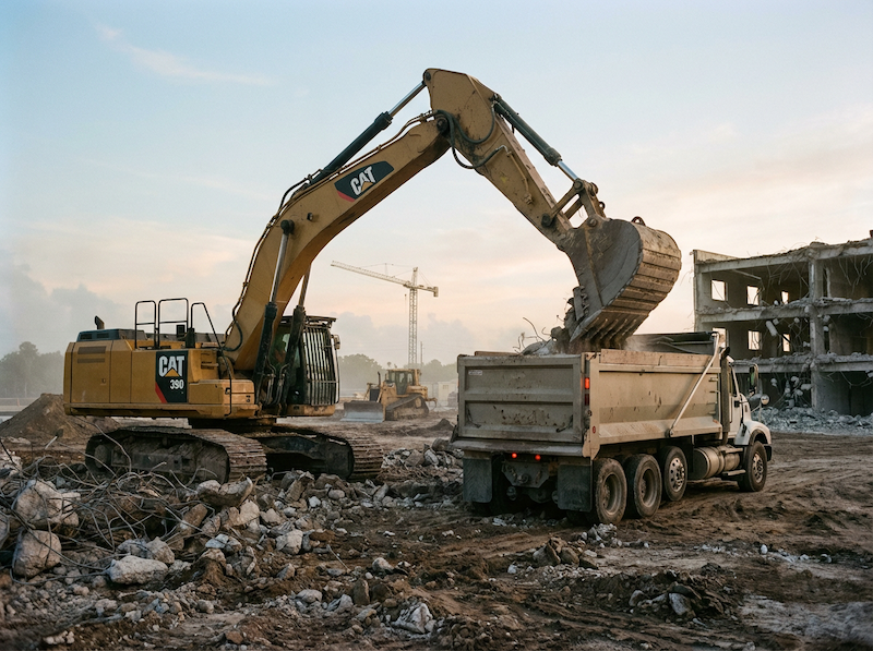 Demolition excavator loading debris into a dump truck at a Florida jobsite at dawn