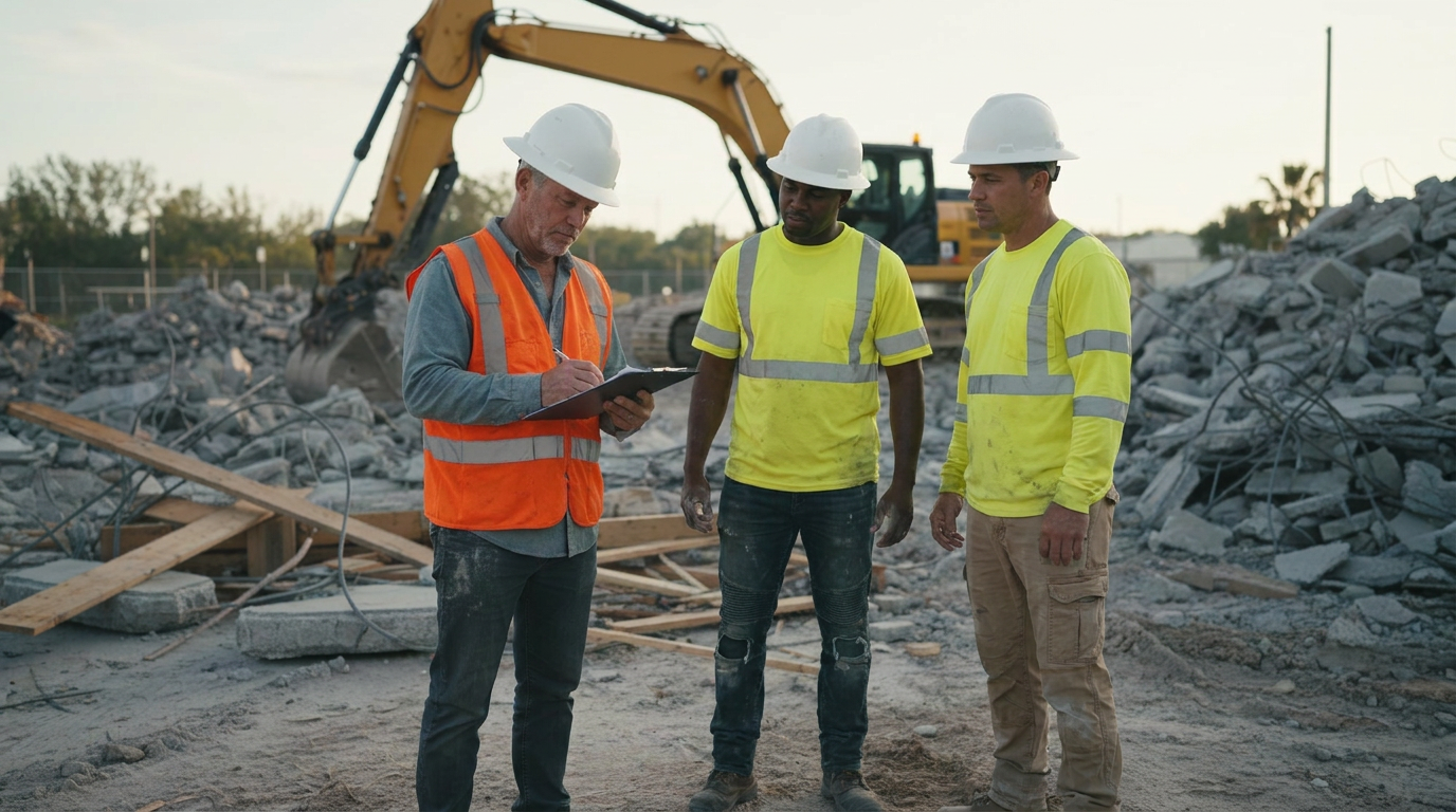 Industrial demolition site supervisor reviewing safety compliance documents on clipboard with two workers at active demolition site in Florida