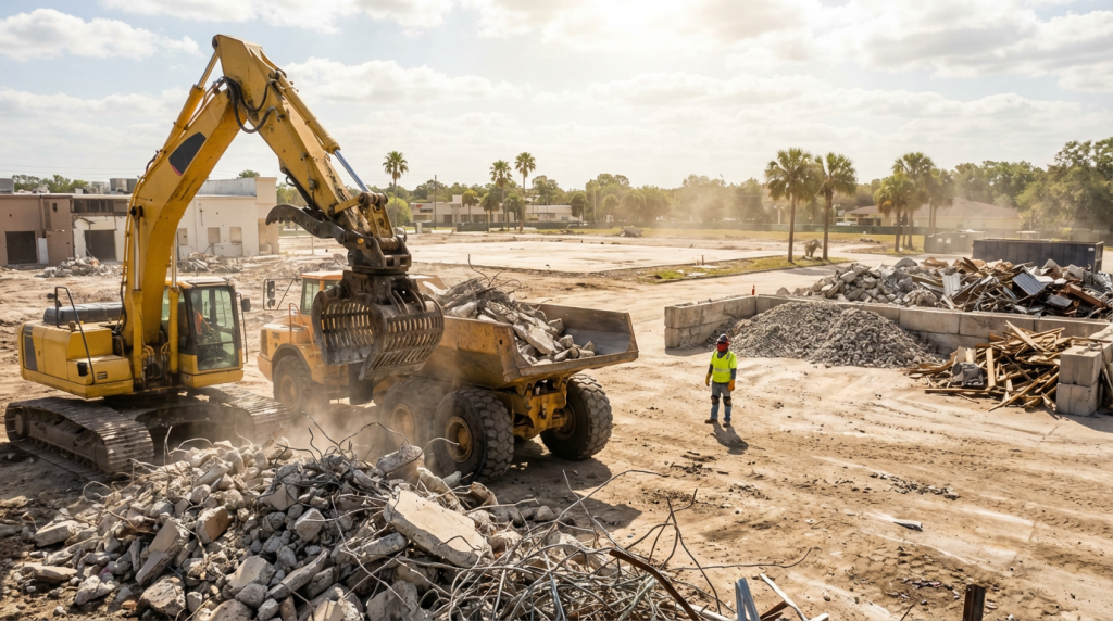 Excavator sorting and loading concrete during demolition debris removal at a commercial jobsite in Central Florida.