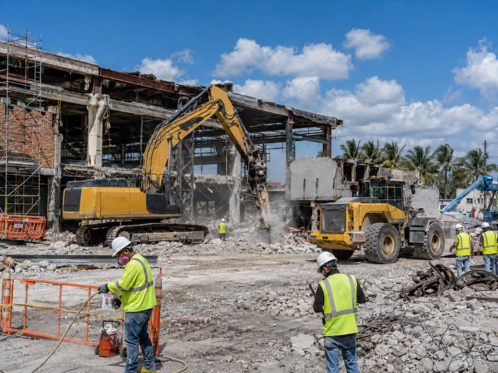 Commercial demolition site in Florida with excavator breaking concrete, wheel loader hauling debris, and workers in safety vests and hard hats