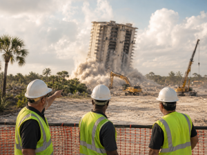 PAW Demolition crew watches a controlled building implosion from behind a safety barrier at a Florida demolition site.