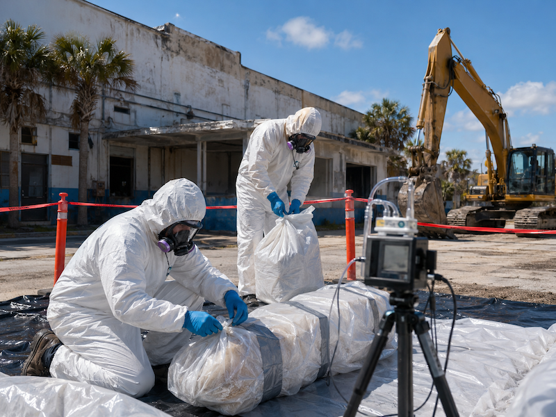 PAW Demolition asbestos abatement preparation at a Florida commercial demolition site.