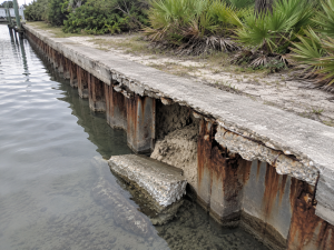 Crumbling seawall along a coastal inlet